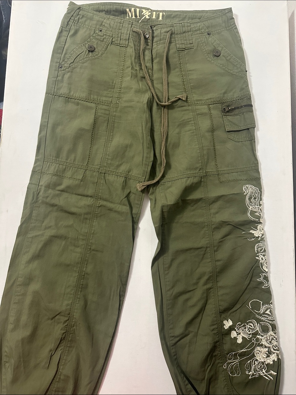 Vintage Mixit Olive Green Cargo Pants with White Embroidered Side Design